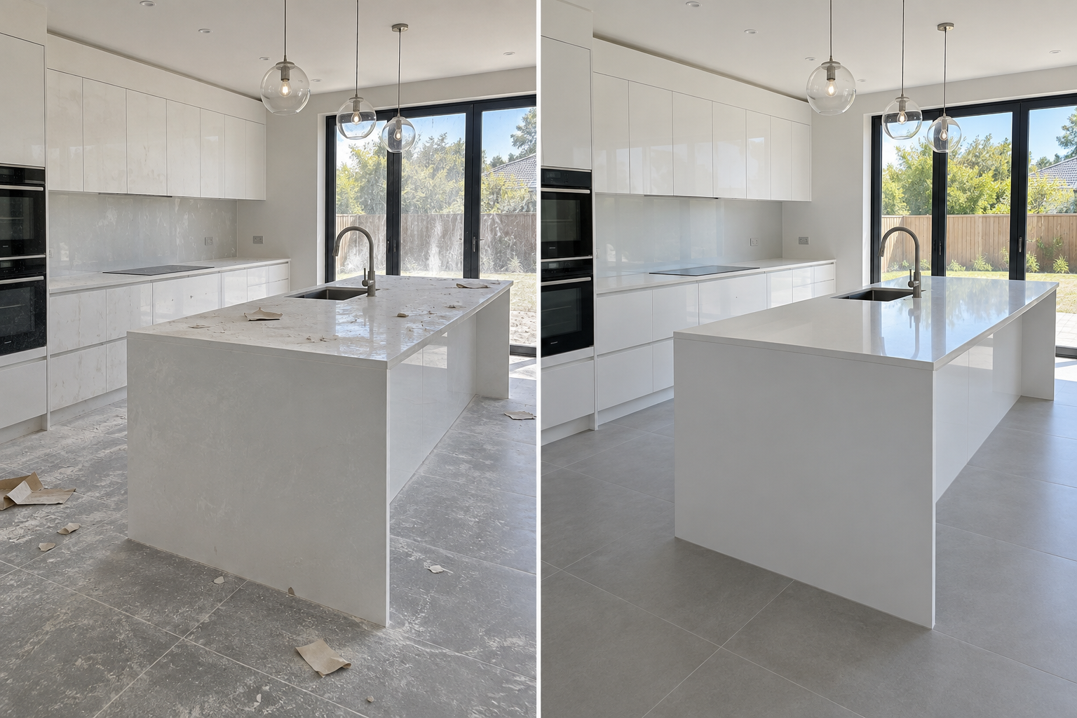 Kitchen before and after cleaning: dusty floors and worktops on the left, clean surfaces on the right