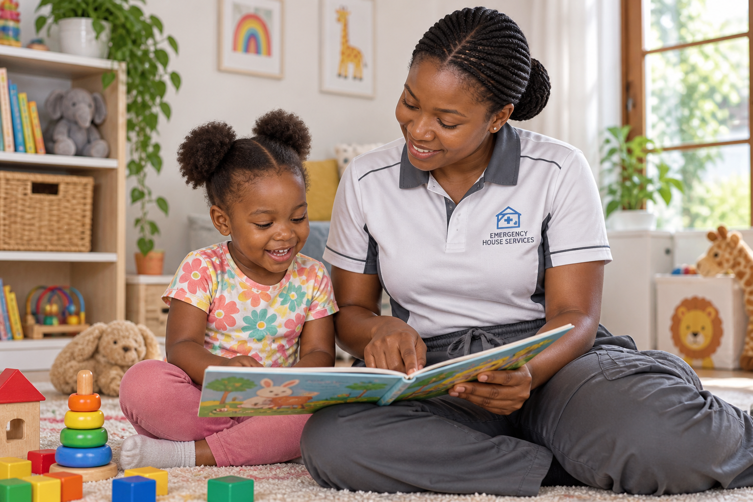 EHS nanny reading a picture book with a child